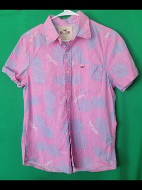 Hollister Pink Blue Tropical Pineapple SS  Button Down Beach Summer Sz Small Men